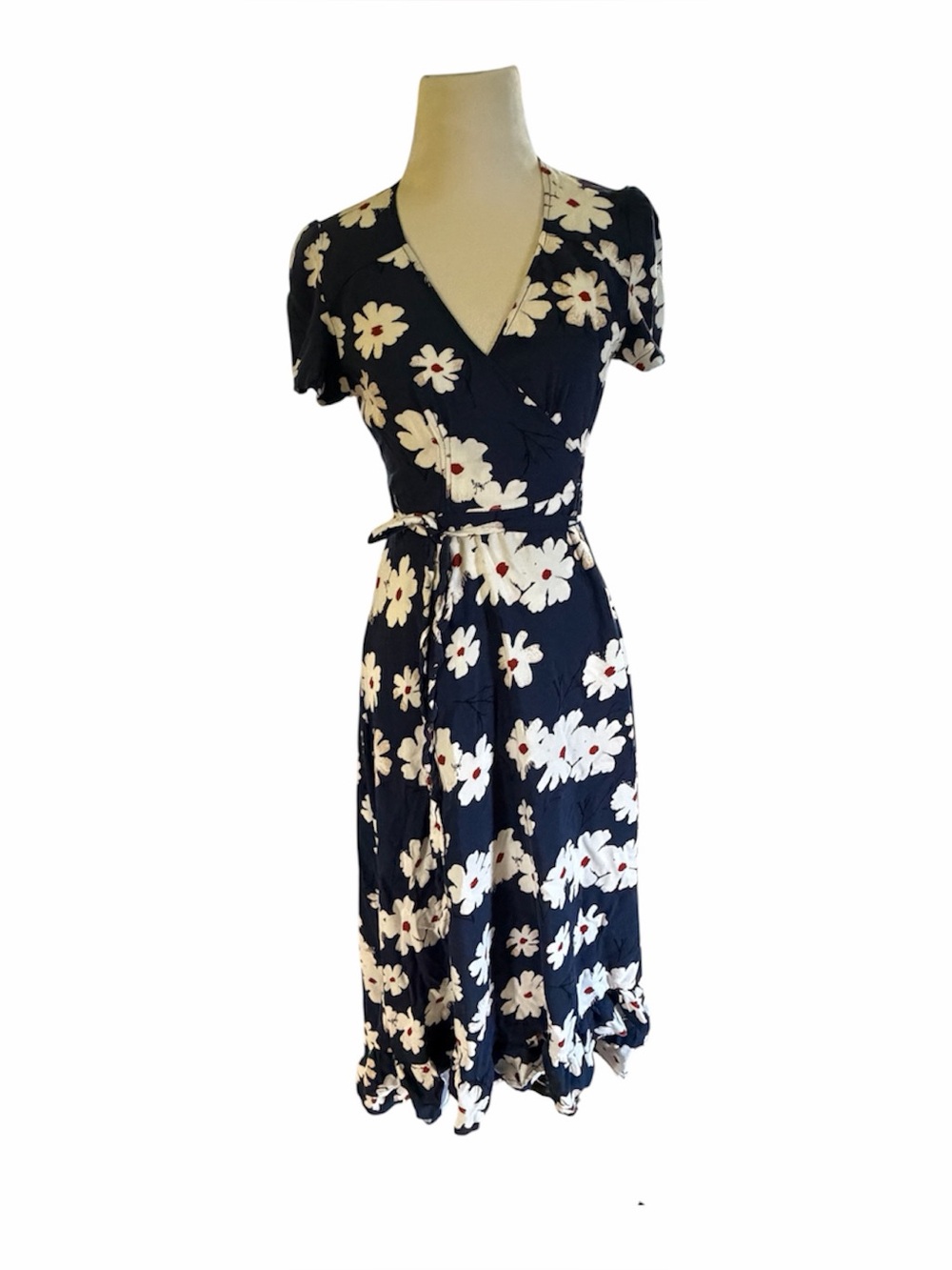 Lira retro navy blue floral wrap midi dress in white daisy print, hi lo size S